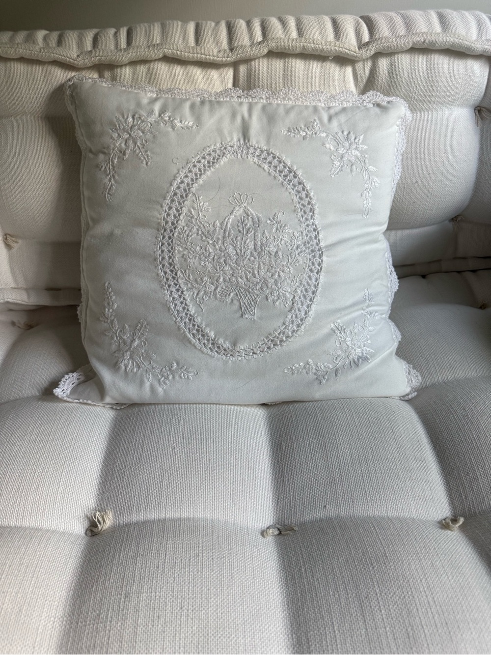 Embroidered Lace Accent Pillow in Ivory